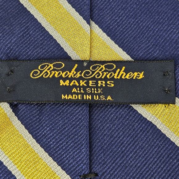 BROOKS BROTHERS MEN'S 4" NECK TIE NAVY BLUE YELLOW STRIPE WITH WHITE BORDER - Picture 5 of 8